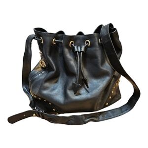 SOLDCeline Womens Black Leather Adjustable Strap Drawstring Bucket Bag COA